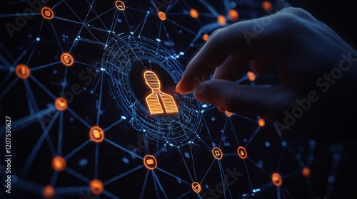 A hand interacts with a digital network, highlighting a lock icon, symbolizing cybersecurity and user protection in a connected world.