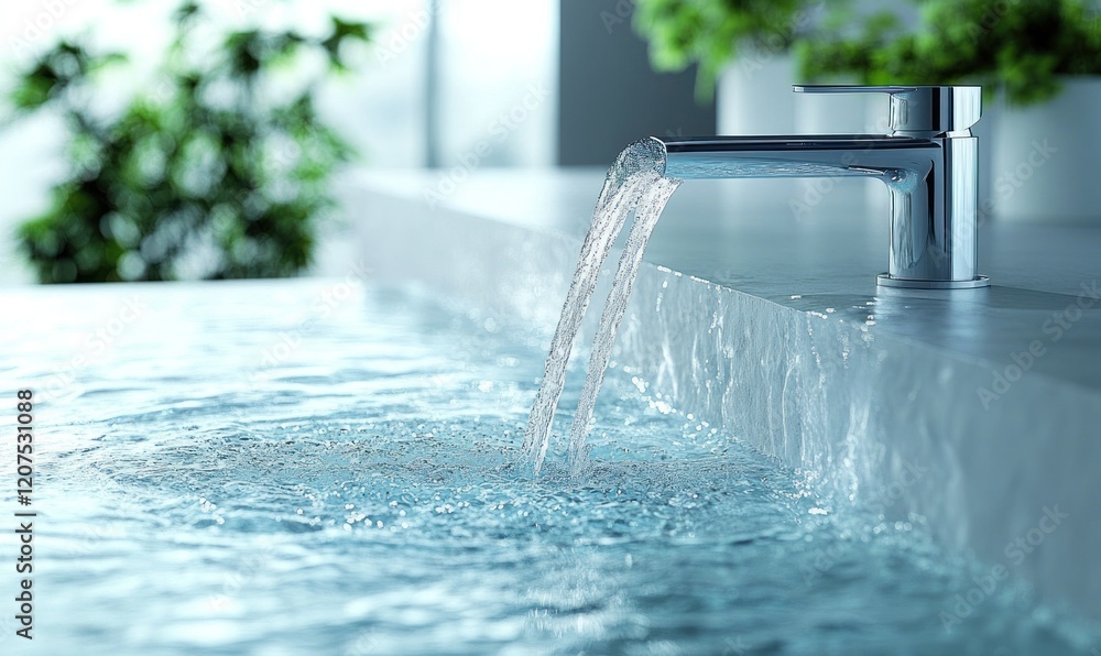 Modern faucet fills a tranquil bathtub. Modern faucet fills a tranquil bathtub.