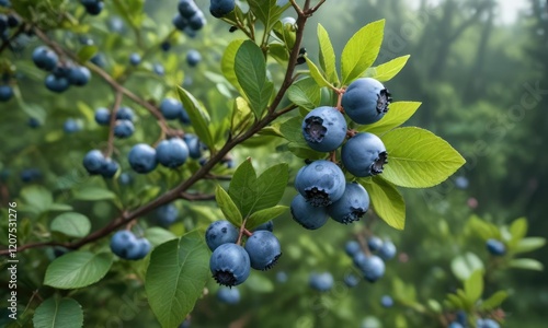 Blueberries ripe and juicy on a bilberry bush in the wild , luscious , juiciness photo