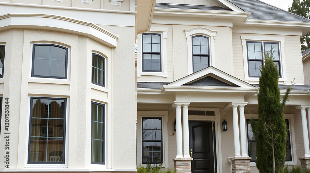 Elegant Home Exterior with Classic Columns and Large Windows. This stunning house features beautiful architectural details and a luxurious design, making it the perfect dream home. Elegant Home Exterior with Classic Columns and Large Windows. This stunning house features beautiful architectural details and a luxurious design, making it the perfect dream home.