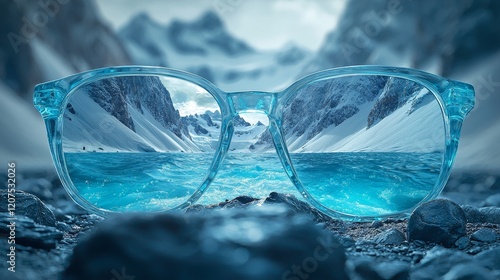 A metaphysical mirage involving surreal glasses, illusory water forms, dreamlike landscapes, and ethereal tones. Illustration