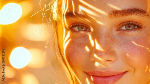 A close-up portrait of a smiling young woman with freckles, illuminated by warm sunlight, creating a soft and radiant atmosphere.