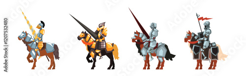Medieval Knight in Helmet on Horse Vector Set
