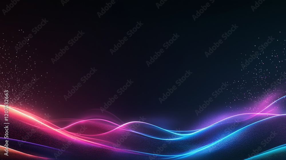 Obraz premium Abstract Neon Waves: Glowing, vibrant neon waves in pink and blue hues flow across a dark background, creating a dynamic and futuristic abstract landscape. Sparkling particles add to the magical.