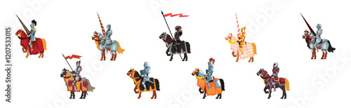 Medieval Knight in Helmet on Horse Vector Set
