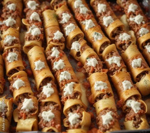 Baked pasta tubes filled with a mix of ground beef and ricotta cheese , pasta, cheese photo