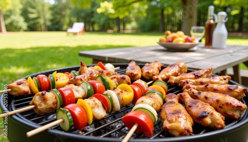 Delicious barbecue skewers grilling under summer trees, outdoor feast photo