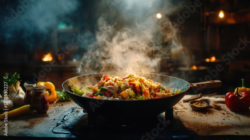 colorful organic stir fry in wok, surrounded by fresh vegetables and herbs, creates vibrant and aromatic cooking scene