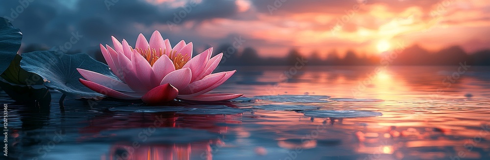 Peaceful reflections of a dreamy sunset on a lake dotted with iridescent water lilies, forming an abstract scene Peaceful reflections of a dreamy sunset on a lake dotted with iridescent water lilies, forming an abstract scene