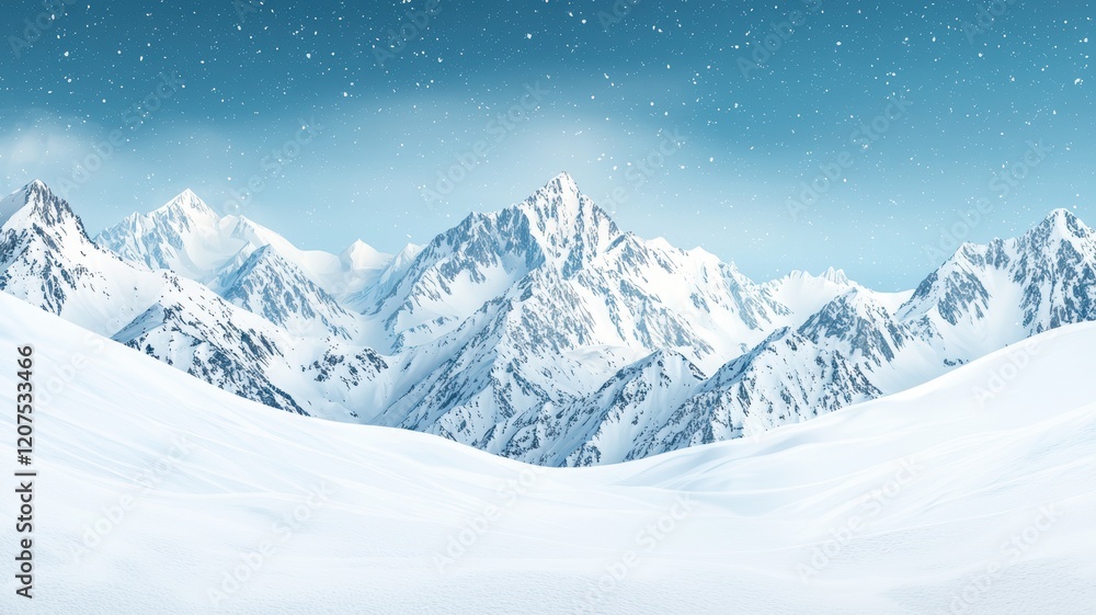 Obraz premium A serene winter landscape featuring snow-covered mountains under a clear blue sky with gentle falling snowflakes.