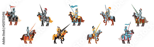 Medieval Knight in Helmet on Horse Vector Set