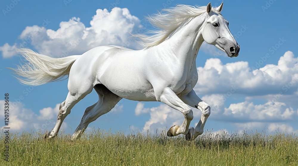 White Horse Galloping Majestically in Field Sky Wild Blue Farm Speed White Horse Galloping Majestically in Field Sky Wild Blue Farm Speed
