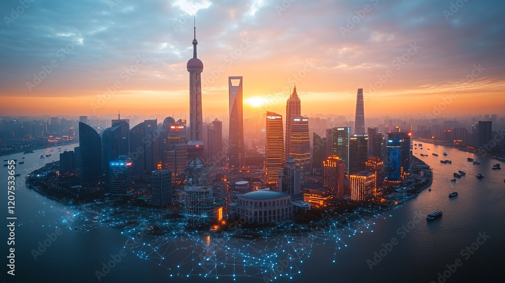 Sunset over Shanghai skyline with vibrant buildings and waterway reflections Sunset over Shanghai skyline with vibrant buildings and waterway reflections