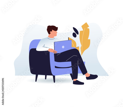 Working at home vector flat style illustration. Online career. Coworking space illustration. Young man freelancers