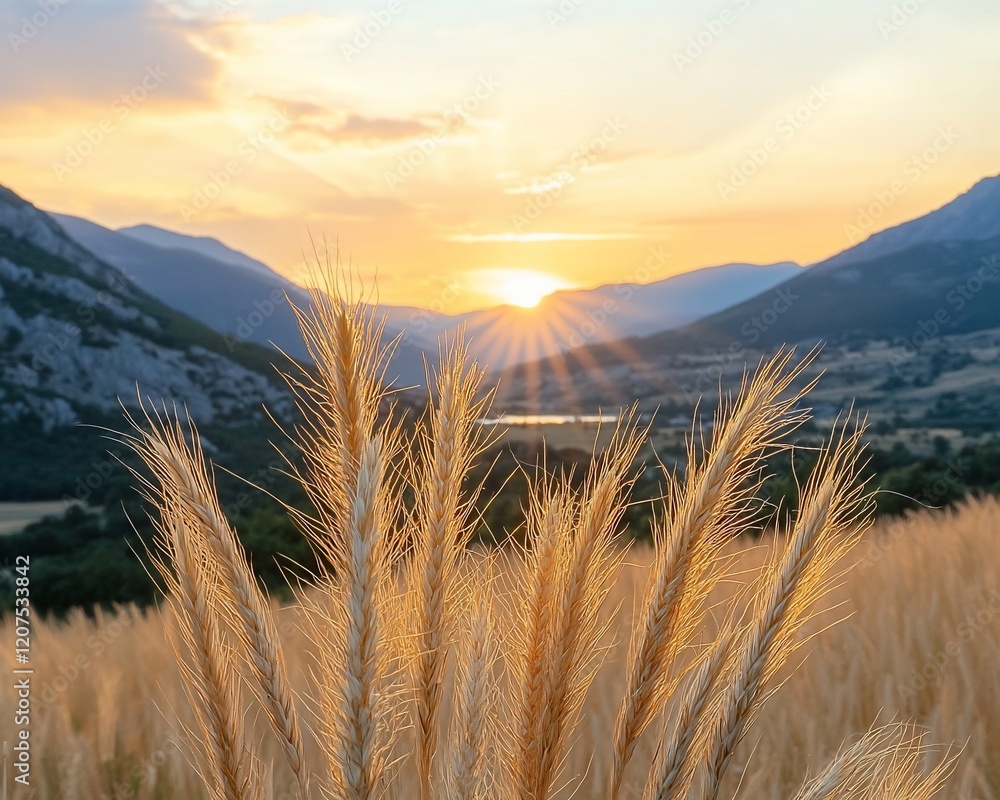 Golden wheat field at sunset with mountains. Golden wheat field at sunset with mountains.