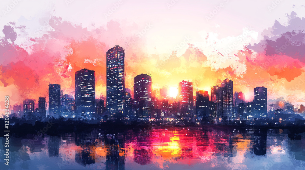 Fototapeta premium Vibrant sunset over a modern city skyline reflecting on calm waters