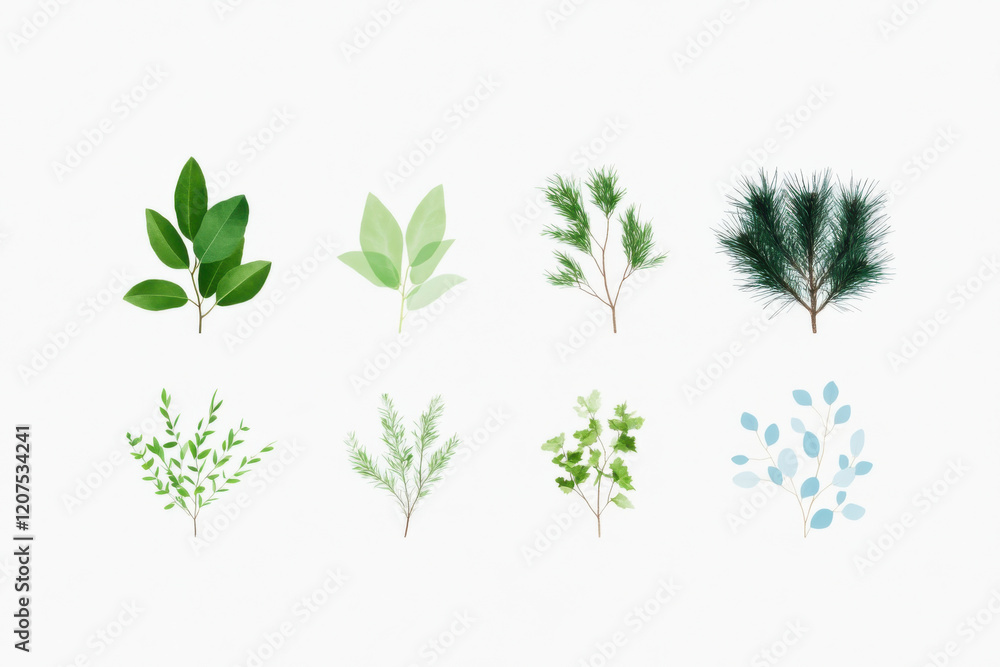 Obraz premium A set of green leaves and branches, including a tree, are shown in various sizes