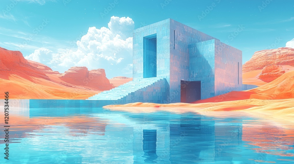 Naklejka premium In a mesmerizing desert peppered with mirrors, alternate realities are glimpsed through uniquely distorted reflections, altering time, space, and landscapes into strange, enchanting visions