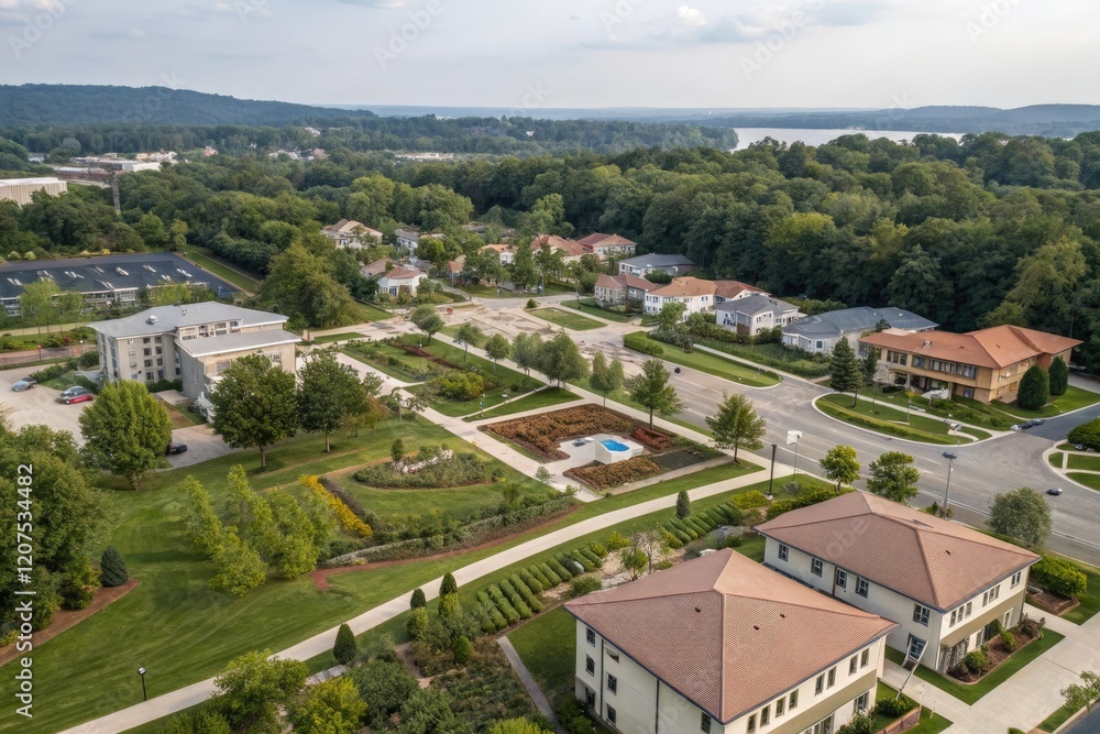 Bird's eye view of a neighborhood after reconstruction, with new buildings and gardens, urban landscape, transformation, newly built homes, parks, green spaces Bird's eye view of a neighborhood after reconstruction, with new buildings and gardens, urban landscape, transformation, newly built homes, parks, green spaces