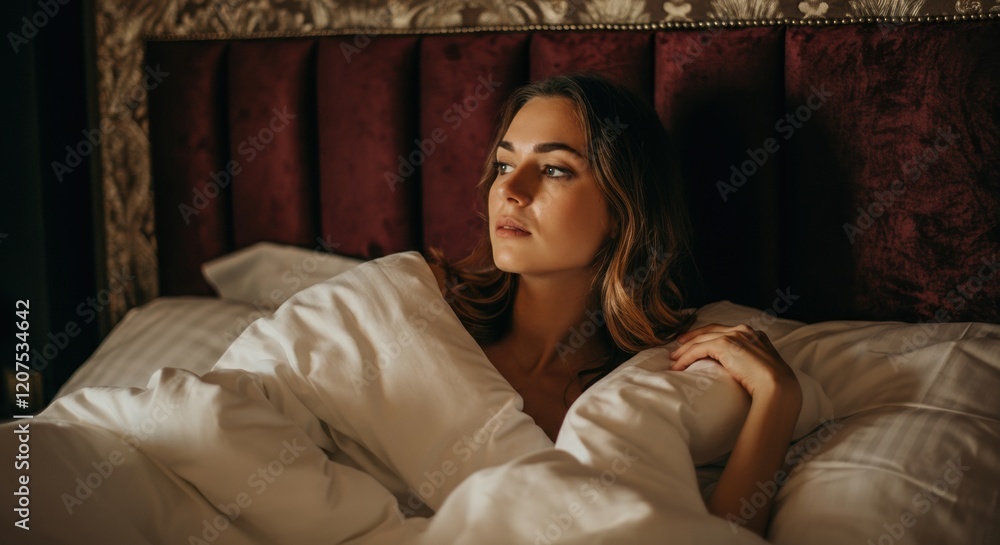 Obraz premium Woman relaxing in bed, wrapped in soft blankets, reflecting on her thoughts