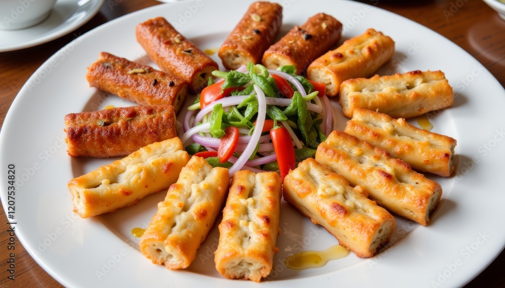 Colorful dim sum platter with fried items and fresh vegetables, culinary delight Colorful dim sum platter with fried items and fresh vegetables, culinary delight