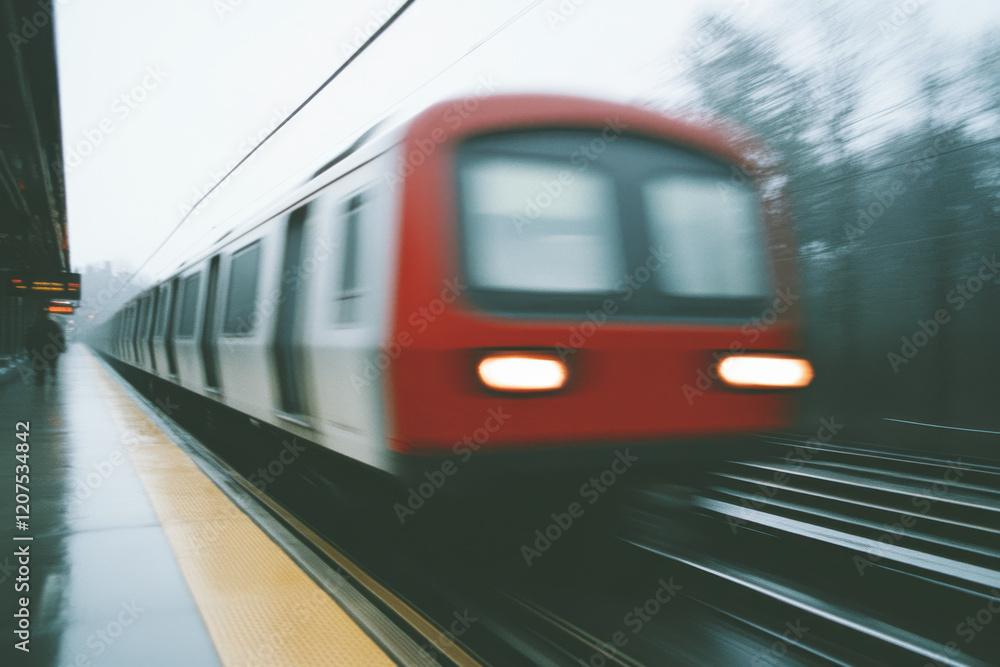 Fototapeta premium A red train is moving down the tracks