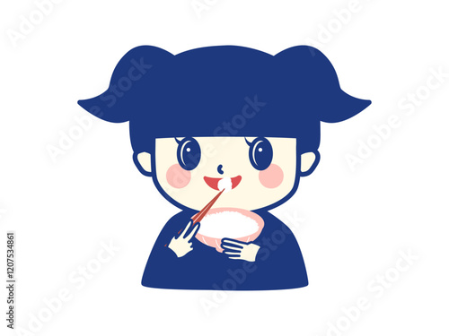 新米のご飯を笑顔で食べる女の子