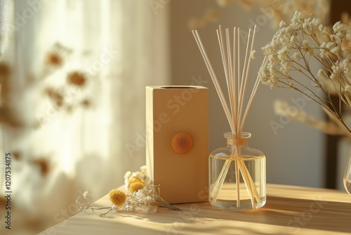 A minimalistic setup featuring a reed diffuser bottle beside a simple box, with dried flowers and soft sunlight illuminating the scene