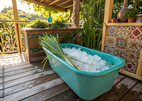 vibrant turquoise footbath filled with ice cubes and fresh greenery, set in serene outdoor space. scene evokes refreshing and relaxing atmosphere photo