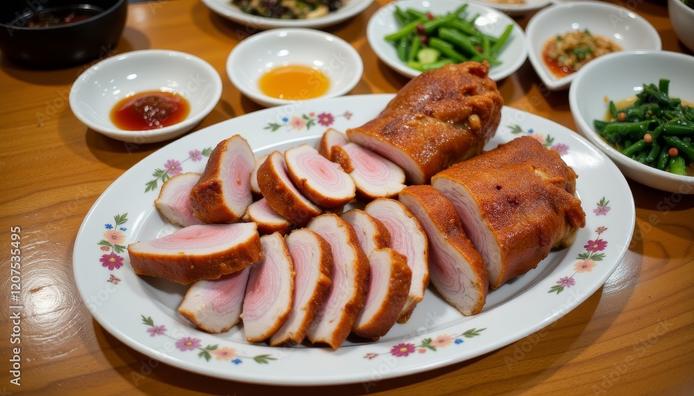 Crispy Peking duck slices on decorative platter with condiments, culinary art Crispy Peking duck slices on decorative platter with condiments, culinary art