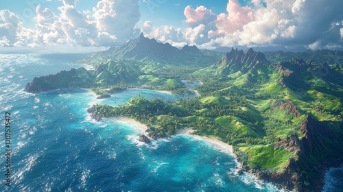 Dreamlike views of the windward coast of Oahu: vibrant colors, ethereal skies, lush green mountains, and turquoise waters coming together in a surreal illustration photo