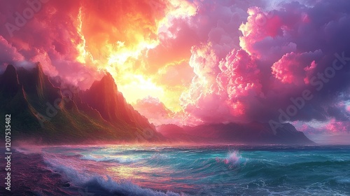 The windward coast of Oahu captured in surreal detail: dreamlike landscapes, vibrant hues, and ethereal skies meeting lush green mountains and turquoise waters