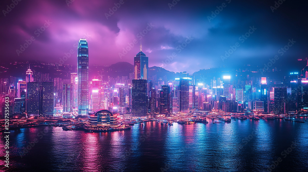 Fototapeta premium Vibrant skyline of Hong Kong illuminated at night reflecting on the water