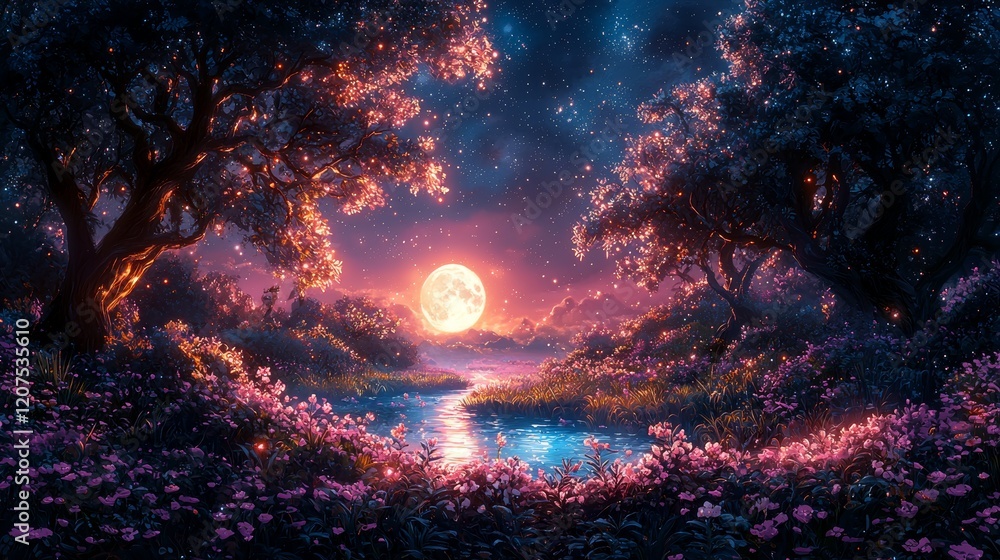 Nightstone. IllustrationA magical dreamscape with surreal landscapes and fantastical creatures illuminated by a starry sky Nightstone. IllustrationA magical dreamscape with surreal landscapes and fantastical creatures illuminated by a starry sky