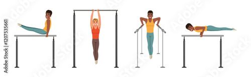 Man Athlete Character Do Gymnastics Exercise Vector Set