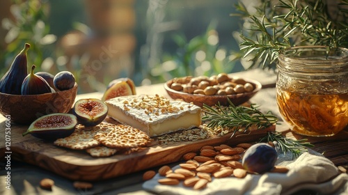 Photorealistic charcuterie board with nutbased cheeses and accompaniments photo