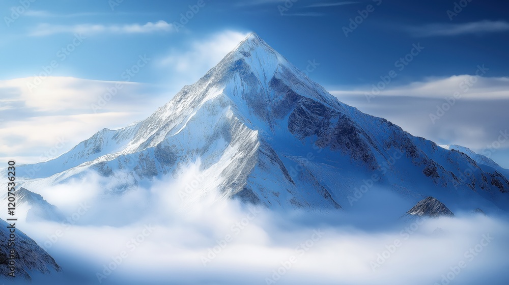 Snow-Capped Mountain Peak Surrounded by Misty Clouds Snow-Capped Mountain Peak Surrounded by Misty Clouds