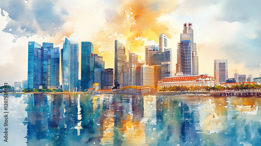 Fototapeta premium Beautiful skyline of Singapore reflected in calm waters during sunset