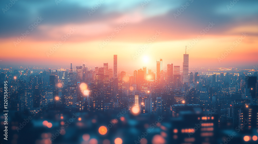 Fototapeta premium Vibrant sunset illuminates urban skyline with dramatic colors and city lights