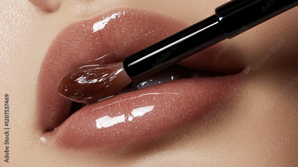 Obraz premium A close-up of glossy lipstick being applied with precision on lips