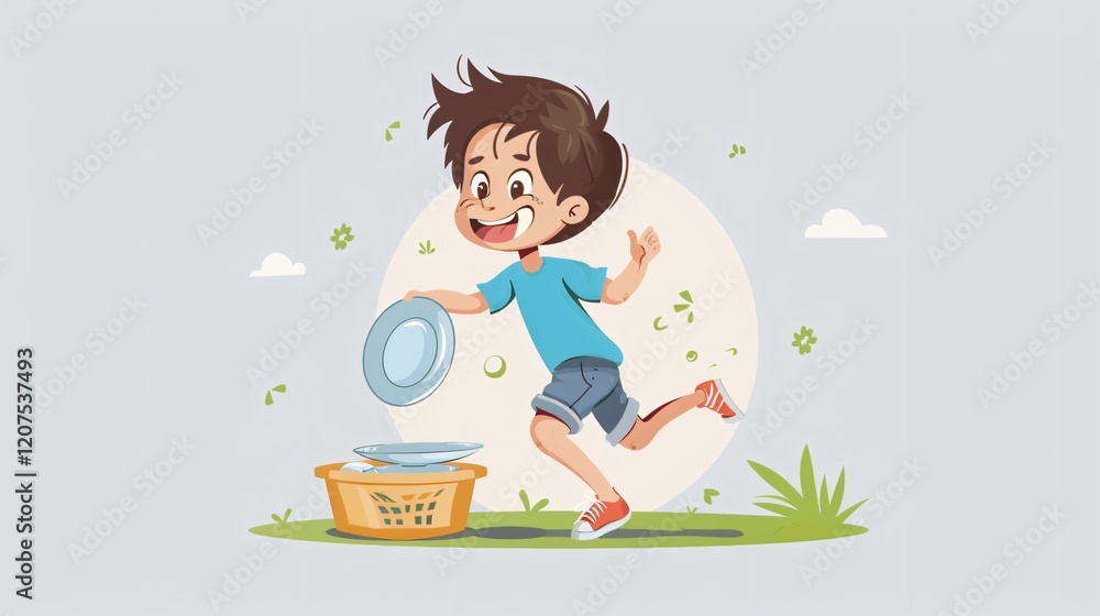 Kid Running with Clean Dishes Box: Helping Parents with Chores Kid Running with Clean Dishes Box: Helping Parents with Chores