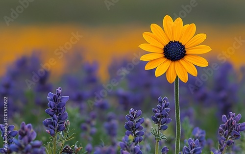 Single yellow flower with blue flowers background.
