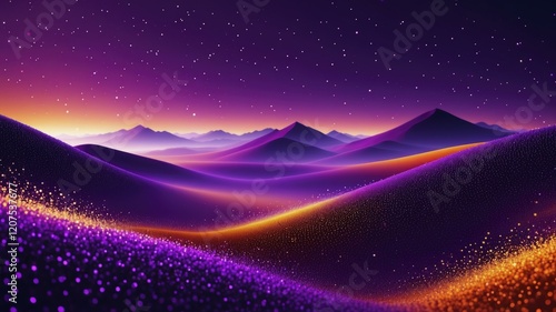 Surreal digital landscape at sunset with undulating hills, gradient hues of purple, orange, and yellow, and stars. photo