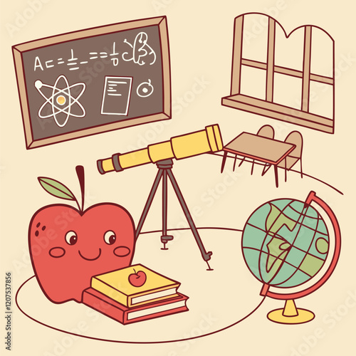 Math science concept with school lesson items in retro cartoon style