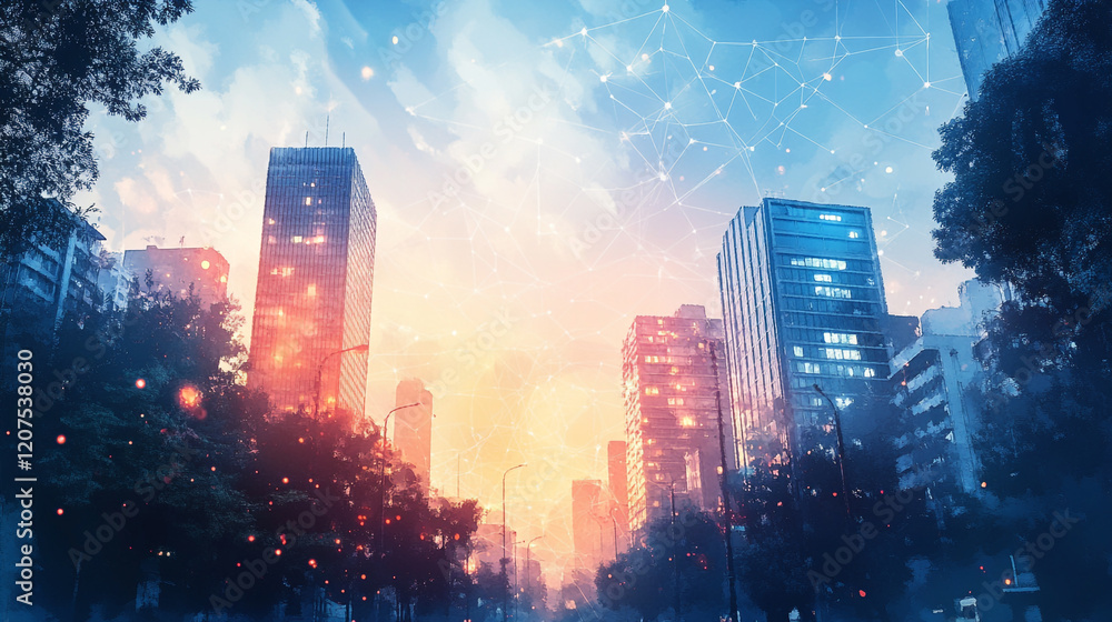 Fototapeta premium City skyline at sunset with glowing lights and dramatic clouds above urban buildings