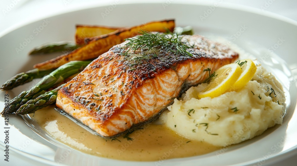 Highquality food photography of salmon dinner on linen cloth Highquality food photography of salmon dinner on linen cloth