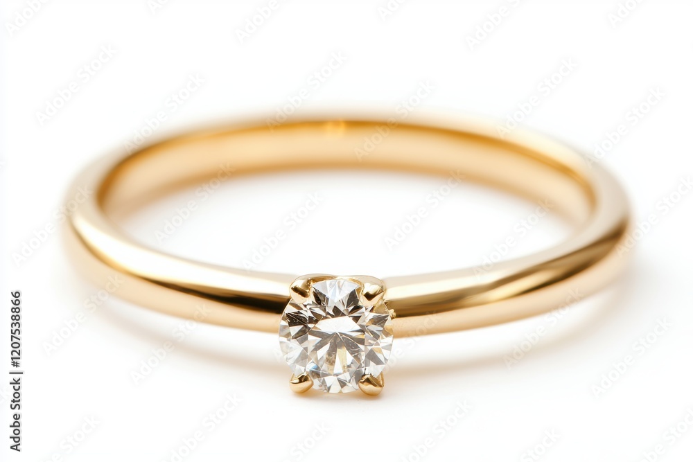 Elegant Golden Engagement Ring with Sparkling Diamond on White Background Elegant Golden Engagement Ring with Sparkling Diamond on White Background