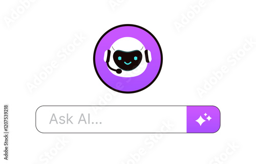 Ask Ai business vector illustration. Robot with a microphone icon and large input for questions and prompts.