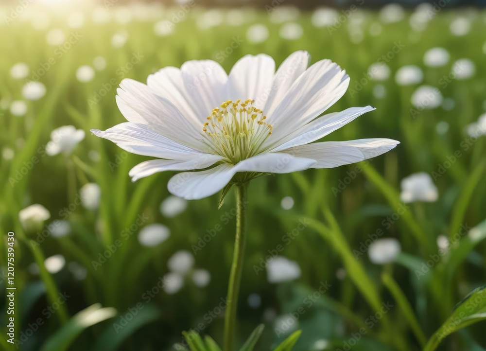 Close-up of a single white flower in a lush field, wildflowers, beautiful, nature, vibrant, macro Close-up of a single white flower in a lush field, wildflowers, beautiful, nature, vibrant, macro