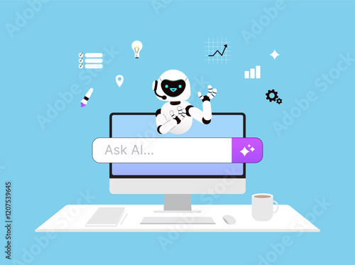 Ask Ai vector illustration. Computer on the desktop. Friendly artificial intelligence robot ready to help.